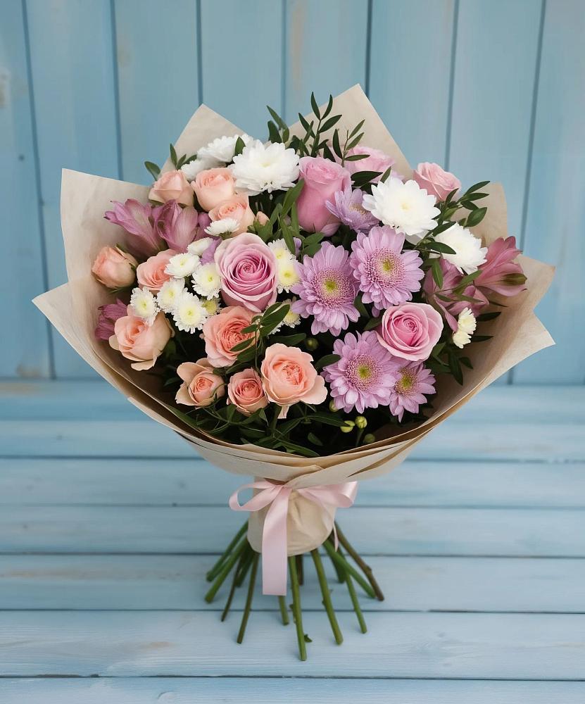 Букет цветов из: Хризантемы, Розы и Альстромерии в Федино