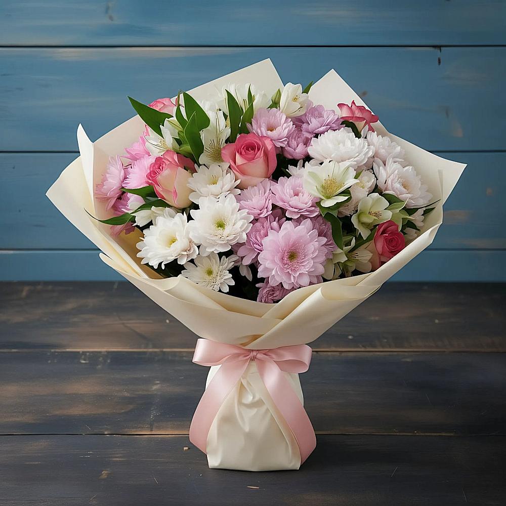 Букет цветов из: Хризантемы, Альстромерии и Розы в Федино